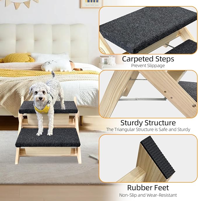 Dog Stairs/Ramp for Bed, Wooden Convertible Pet Steps, Portable Dog Ladder Up to 180 Pound for Elderly/Short-Legged Dogs, 2 Steps for Beds, Couch, Cars