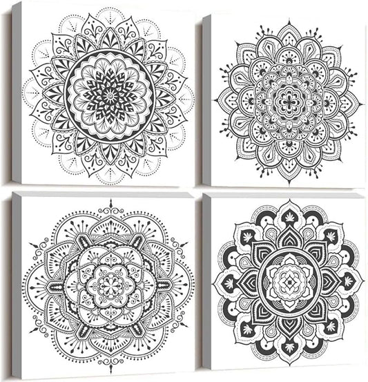 Black and white art Decorative pattern Canvas Wall Art for Living Room Bedroom wall decor Bathroom decorations,4 piece Modern Home decoration inspirational wall paintings Posters Pictures artwork
