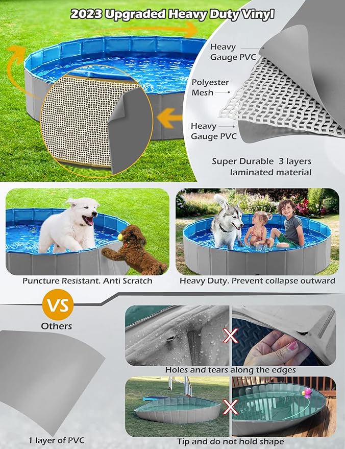 Jasonwell Foldable Dog Pet Bath Pool Collapsible Dog Pet Pool Bathing Tub Kiddie Pool Doggie Wading Pool for Puppy Small Medium Large Dogs Cats and Kids 55.1" Grey
