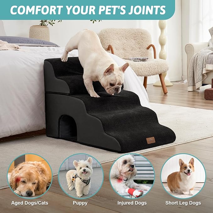 Extra Wide Dog Stairs with Tunnel, Detachable Large Pet Step for Small Medium Dog, Puppy or Cat, Ramp for High Bed, Couch, Sofa or Car, Stable, 19.7x33x22.4 inch, 5 Step, Black