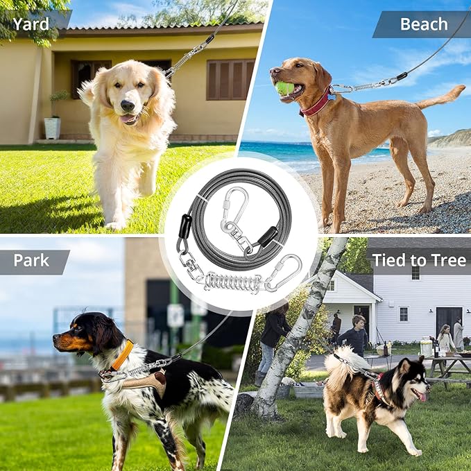 Jenico Dog Tie Out Cable - 10/15/20/30/40/50/70/100/150FT Runner Cable with Swivel Hook and Shock Spring, Leash Tether for Yard, Outdoor and Camping, Up to 500 LBS