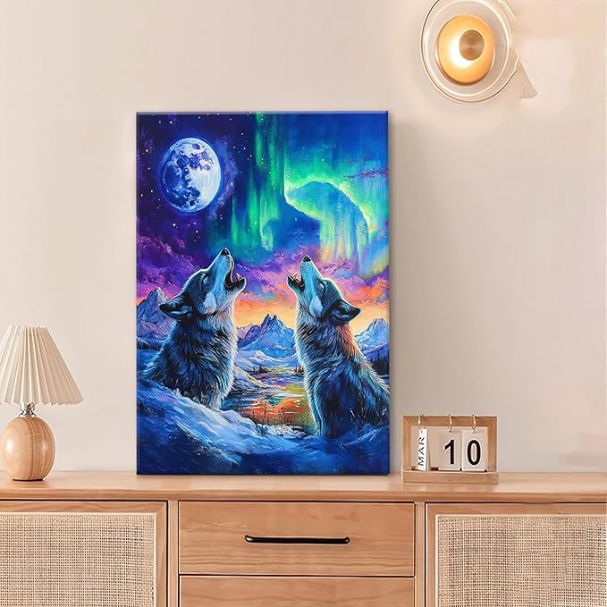 Wolf Wall Art Wolves Canvas Wall Decor Prints Framed Painting Aurora Pictures Gifts Artwork for Bathroom Bedroom Living Dining 16"x24"