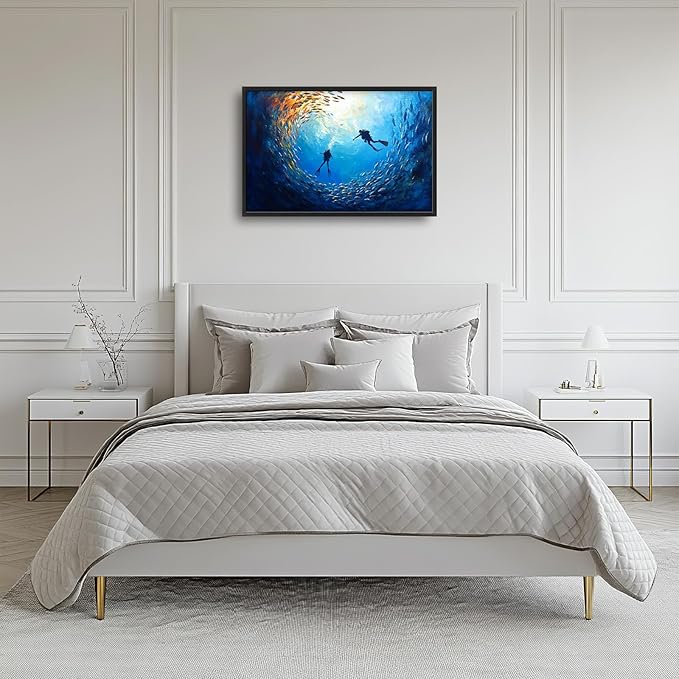 Large Ocean Diving Wall Art for Living Room, Framed Oversized Fish Wall Decor Underwater Marine Life Canvas Painting Modern Artwork for Living Room Bathroom Bedroom Office Dining Room 36"x24"