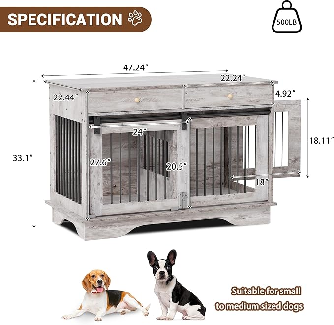 Dog Furniture Crate, 47" Large Dog Crate Furniture w/ 2 Storage Draws & Removable Divider for Large/Medium/Small Dogs (Grey, Double Cage)