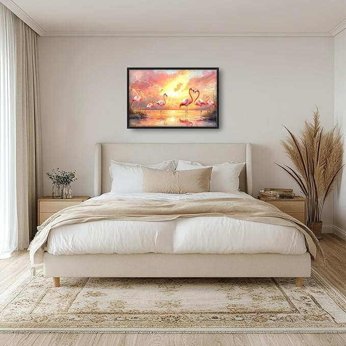Large Flamingo Wall Art for Living Room, Framed Oversized Sunset Lake Wall Decor Landscape Canvas Painting Pictures Modern Artwork for Living Room Bathroom Bedroom Office Dining Room 36"x24"
