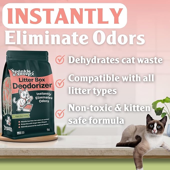 Cat Litter Deodorizer | Odor Eliminator for Litter | Smell Control for Cats | Non-Toxic & Safe for Kittens | Home Odor Neutralizer | Kitty Litter Freshener | Sprinkle & Sweep | One Month Supply 8oz