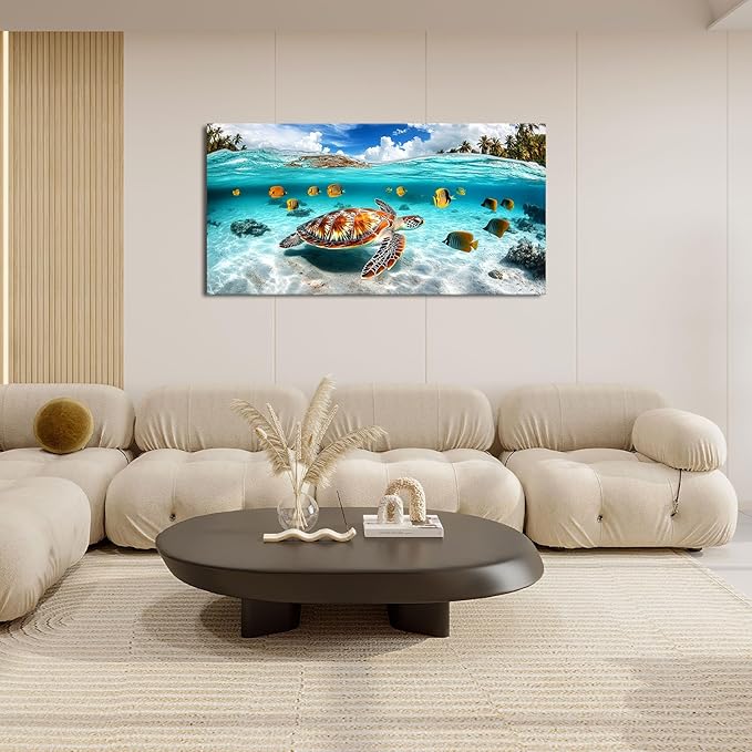 Quorin Sea Turtle Large Wall Art Coastal Undersea Beach Fish Pictures Wall Decor Tropical Island Canvas Print Painting Artwork for Bathroom Living Room Bedroom 30"x60"