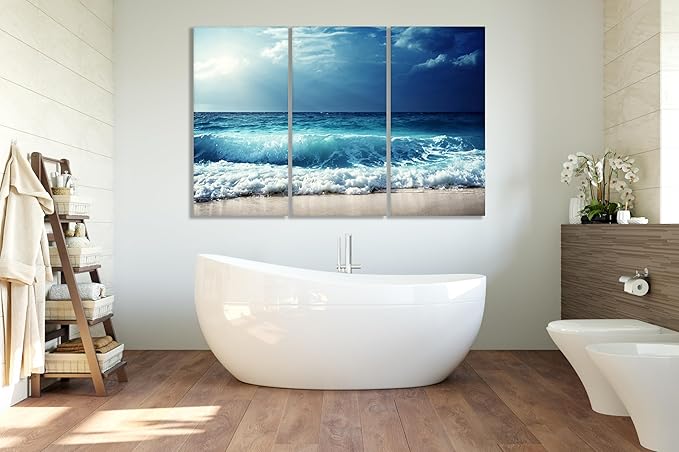 Nature Wall Art Prints - Ocean Forest Mountain Lake Canvas Landscapes - Small to Extra Large Living Room Bedroom Kitchen Bathroom Décor (Summer Ocean Beach, 35L" x 53W" - 3 Panels)