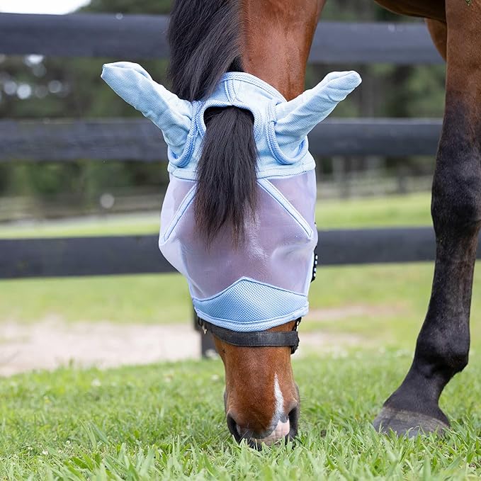 Equinavia Algard Soft Mesh Horse Fly Mask with Ear Protection and 45 UPF Rating | No Eye Irritation & UV Protection - Light Blue - Pony