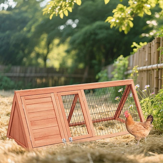 Chick Coop,Outdoor Portable Chicken Run Cage Wooden Triangle Quail Coop with Ventilating Wire Poultry Hutch for Small Animals (Natural Wood)