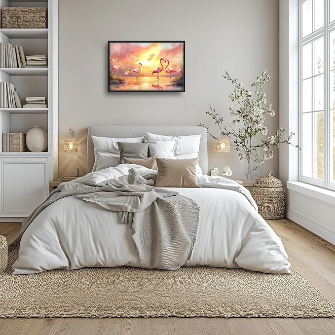 Large Flamingo Wall Art for Living Room, Framed Oversized Sunset Lake Wall Decor Landscape Canvas Painting Pictures Modern Artwork for Living Room Bathroom Bedroom Office Dining Room 36"x24"