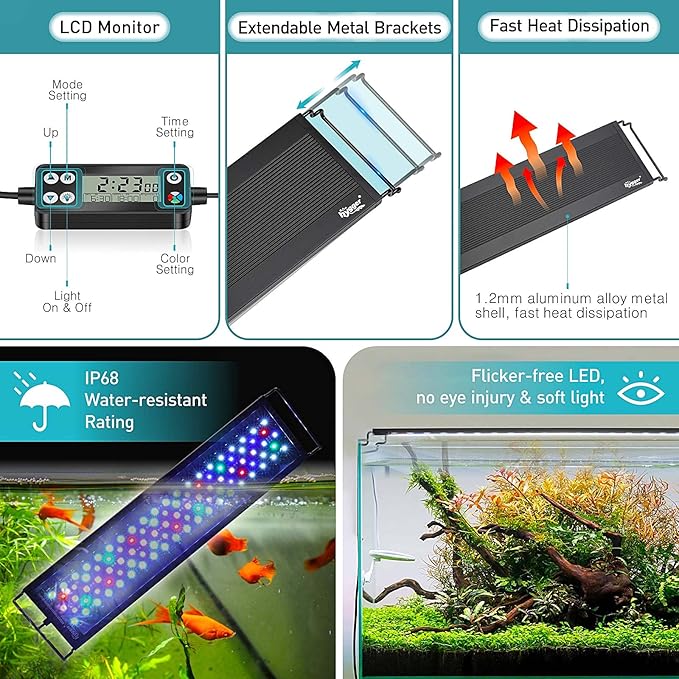 hygger Auto On Off LED Aquarium Light, Full Spectrum Fish Tank Light with LCD Monitor, 24/7 Lighting Cycle, 7 Colors, Adjustable Timer, IP68 Waterproof, 3 Modes for 24"-30" Freshwater Planted Tank