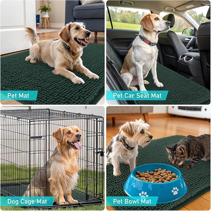 OLANLY Dog Door Mat for Muddy Paws 40x32, Absorbs Moisture and Dirt, Absorbent Non-Slip Washable Doormat, Quick Dry Chenille Mud Mat, Entry Indoor Entryway Carpet for Inside Floor, Blackish Green