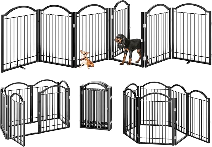 BHG Metal No-Assembly Freestanding Dog Gate with Door Walk Through, Extra Wide 144", Extra Tall 32" Pet Gate, Accordion Puppy Folding Playpen Dog Fence, with 2PCS Support (Black, 6 panesl)