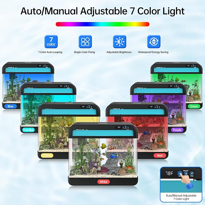 Fish Tank Aquarium 6.3 Gallon Fish Bowl with Music Humidifier 7 Color Auto-Looping Light Adjustable Quiet Pump, Temperature Display, Bottom Water Changer, HD Float Glass, Leak-Proof Thickened Base