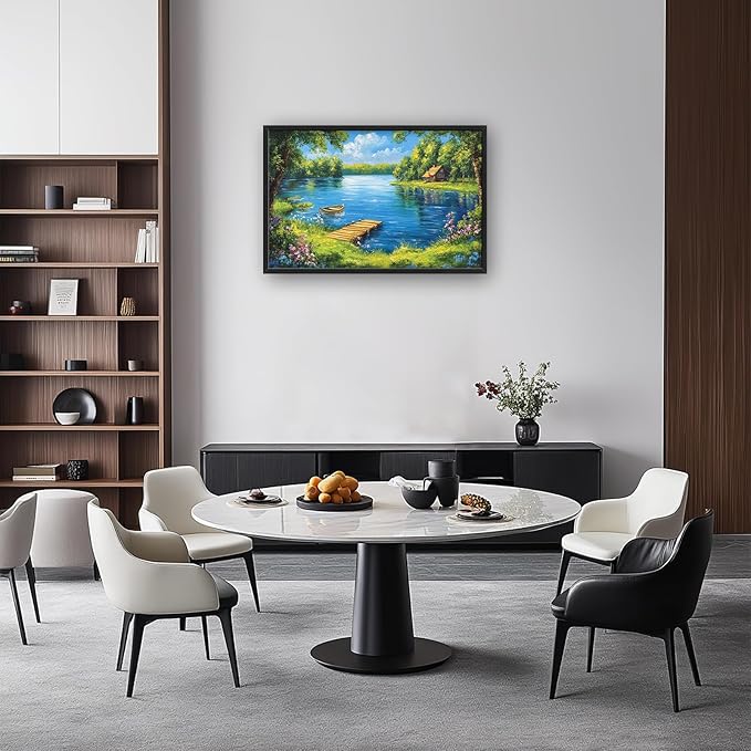 Large Lake Cabin Wall Art for Living Room, Framed Oversized Tree Boat Wildflowers Wall Decor Nature Landscape Canvas Painting Modern Artwork for Bathroom Bedroom Office Dining Room 36"x24"