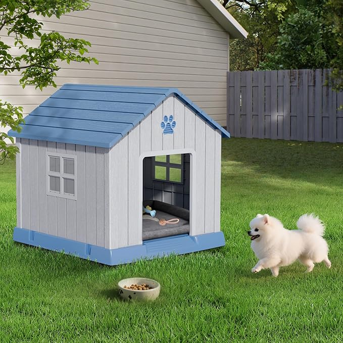 Dog House Indoor Outdoor for Small to Large Sized Dogs Resin Outdoor Dog House with Ventilation Puppy Shelter with Elevated Floor, Easy to Assemble, Blue
