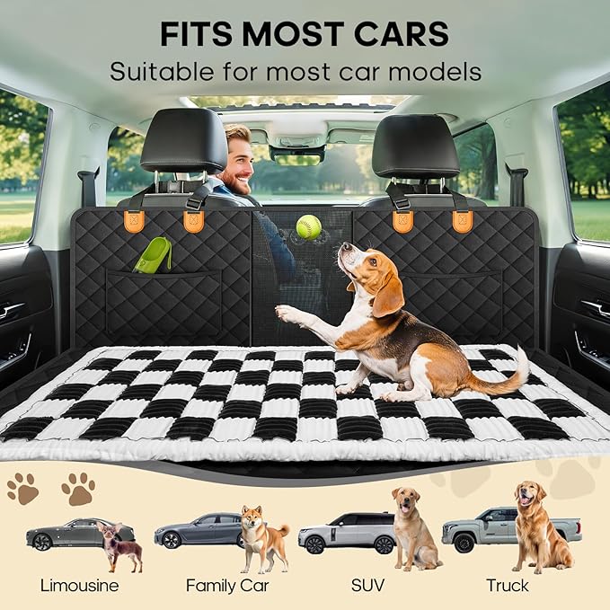 Backseat Pet Bed Mat, Non-Slip Plaid Dog Bed for Car Back Seat, Flannel Backseat Dog Bed, Fit for Backseat Extenders and Trucks SUVs (Black&White, 24.8x54 inch)