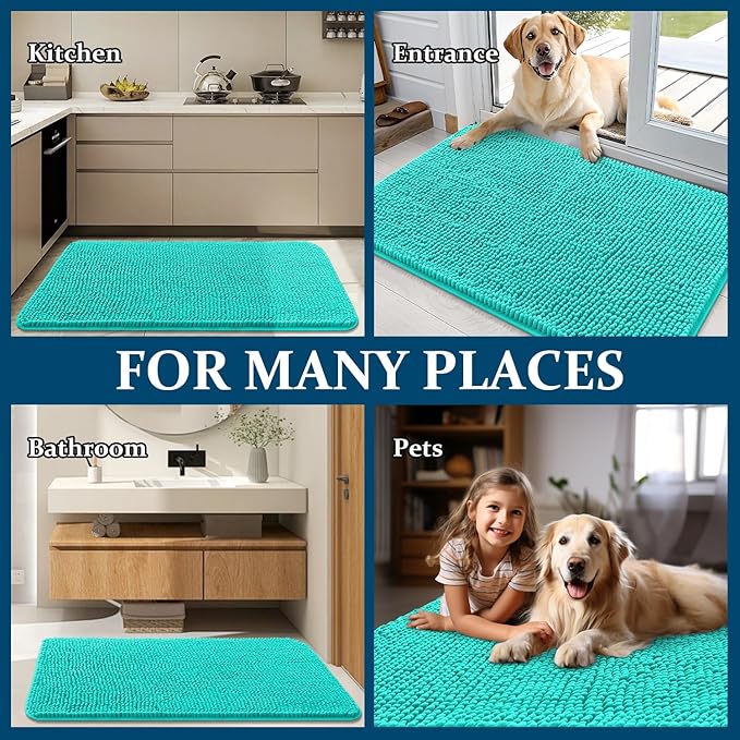OLANLY Dog Door Mat for Muddy Paws 59x24, Absorbs Moisture and Dirt, Absorbent Non-Slip Washable Doormat, Quick Dry Chenille Mud Mat for Dogs, Entry Indoor Entryway Carpet for Inside Floor, Teal