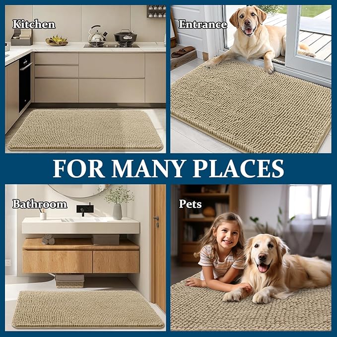 OLANLY Dog Door Mat for Muddy Paws 59x35, Absorbs Moisture and Dirt, Absorbent Non-Slip Washable Doormat, Quick Dry Chenille Mud Mat for Dogs, Entry Indoor Entryway Carpet for Inside Floor, Beige