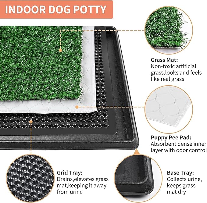 Dog Grass Pet Loo Indoor/Outdoor Portable Potty, Dog Litter Box, Artificial Grass Patch Bathroom Mat and Washable Pee Pad for Puppy Training, Full System with Trays (Pet Training Tray, 20"x16")