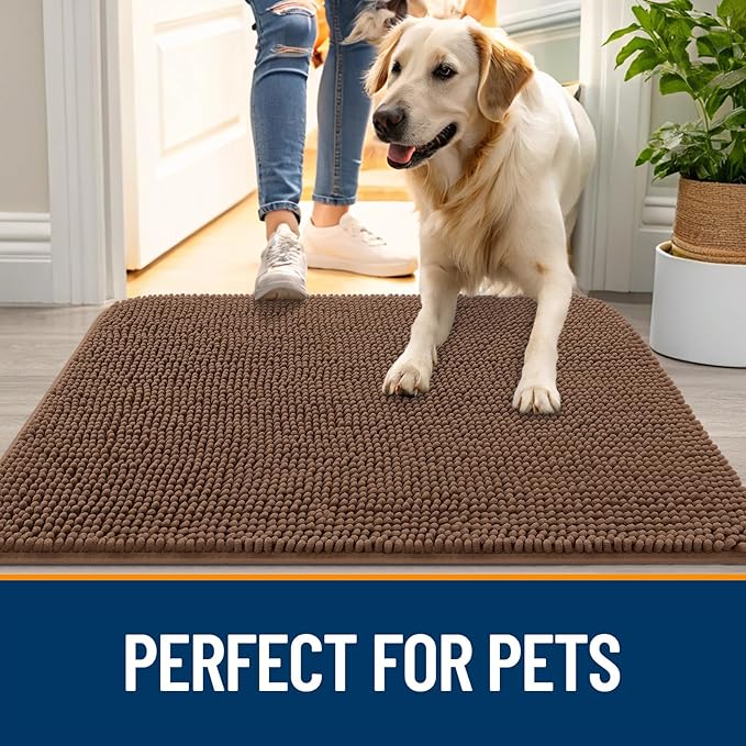 OLANLY Dog Door Mat for Muddy Paws 24x16, Absorbs Moisture and Dirt, Absorbent Non-Slip Washable Doormat, Quick Dry Chenille Mud Mat for Dogs, Entry Indoor Entryway Carpet for Inside Floor, Mocha