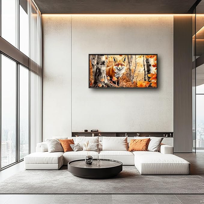 Large Fox Wall Art for Living Room, Framed Oversized Fall Autumn Forest Wall Decor Tree Maple Leaves Canvas Painting Modern Artwork for Living Room Bathroom Bedroom Office Dining Room 60"x30"