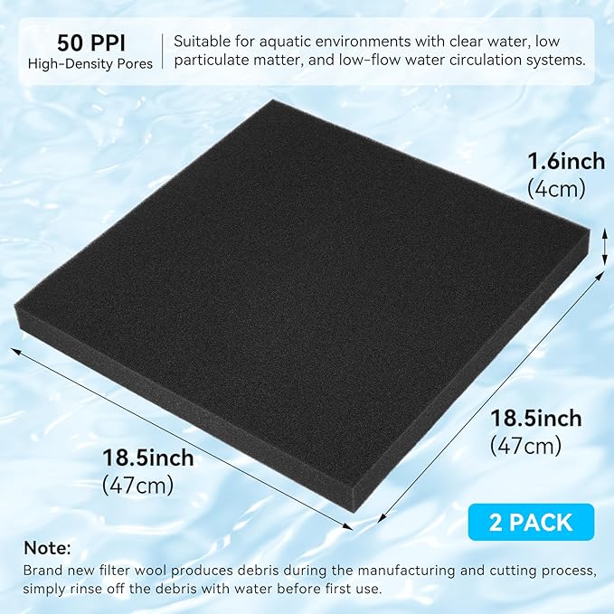 Aquarium Filter Sponge Pad, Filter Media Foam Sponges, Filter Accessories for Fish Tanks and Ponds (18.5"x18.5"x1.6", 50PPI, 2 Pack)