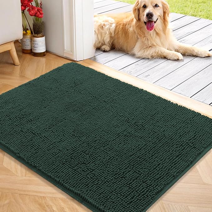 OLANLY Dog Door Mat for Muddy Paws 40x32, Absorbs Moisture and Dirt, Absorbent Non-Slip Washable Doormat, Quick Dry Chenille Mud Mat, Entry Indoor Entryway Carpet for Inside Floor, Blackish Green
