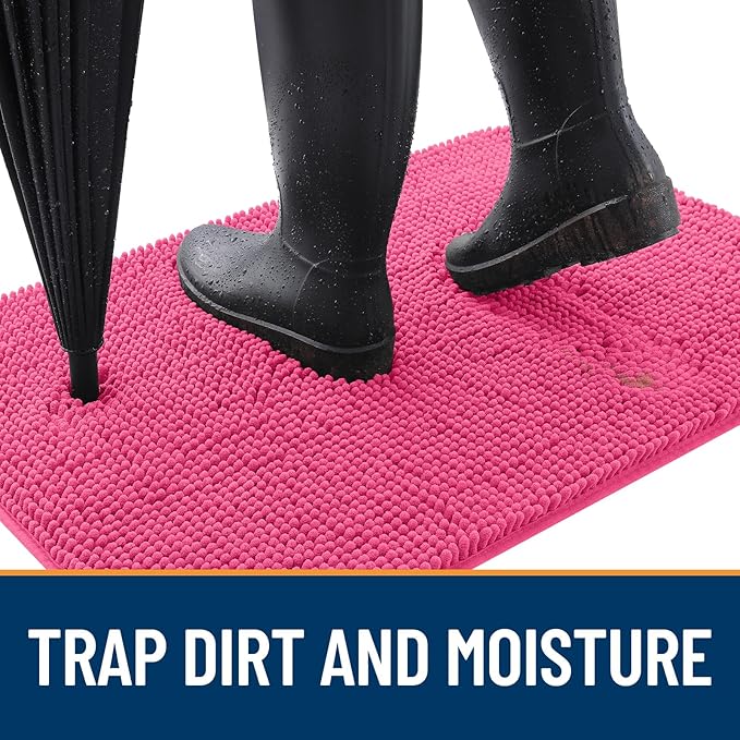 OLANLY Dog Door Mat for Muddy Paws 36x24, Absorbs Moisture and Dirt, Absorbent Non-Slip Washable Doormat, Quick Dry Chenille Mud Mat for Dogs, Entry Indoor Entryway Carpet for Inside Floor, Hot Pink