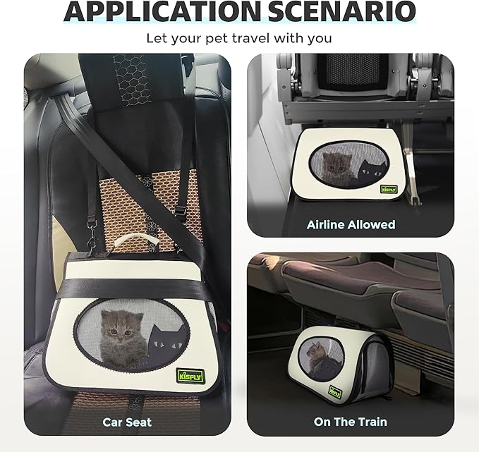 Cat Carrier Purses for Women, Airline Approved Pet Travel Bag for Cats, Kittens, Rabbits up to 10 lbs - Collapsible, Soft-Sided,16x10x10 in, Breathable Mesh with Kitty Pattern, Collar and Leash, Cream