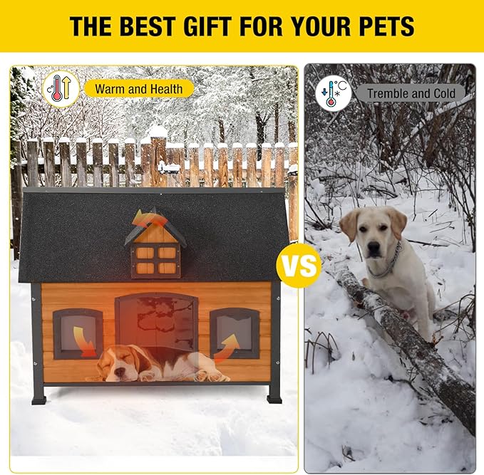 Aivituvin Dog House with Insulated Liner Anti-Chewing Metal Frame Design Insulated Wooden Dog Kennel with Unique Design Roof, Weatherproof Dog House for Outdoor Indoor