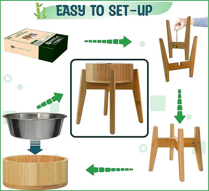 Elevated Dog Bowls for Large Breed - (15-Inch Tall, 74-oz Cap), Deter Ants and Bugs - Raised Single Feeder, Suitable for Dry and Wet Pet Foods - Bamboo with Stainless Steel Dish