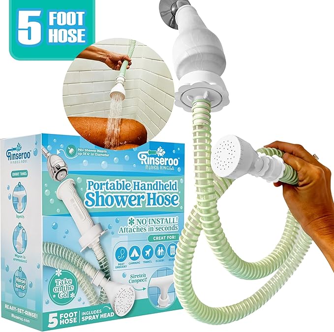 NEW Rinseroo: 5ft Slip-On Handheld Shower Attachment Hose w/Spray Head- Removable Extension Arm- Converts Fixed Shower Head into Handheld Bather. Portable, No-Install Shower Hose Wand for Seniors, RV.