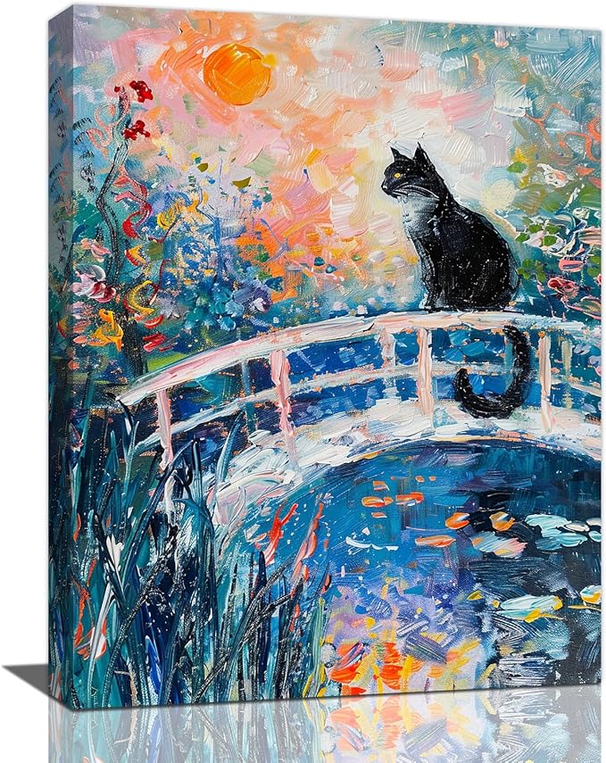 Quorin Black Cat Wall Art Water Lily Sunset Pictures Cat Wall Decor Impressionism Canvas Print Painting Artwork for Bathroom Living Room Bedroom 12"x16"