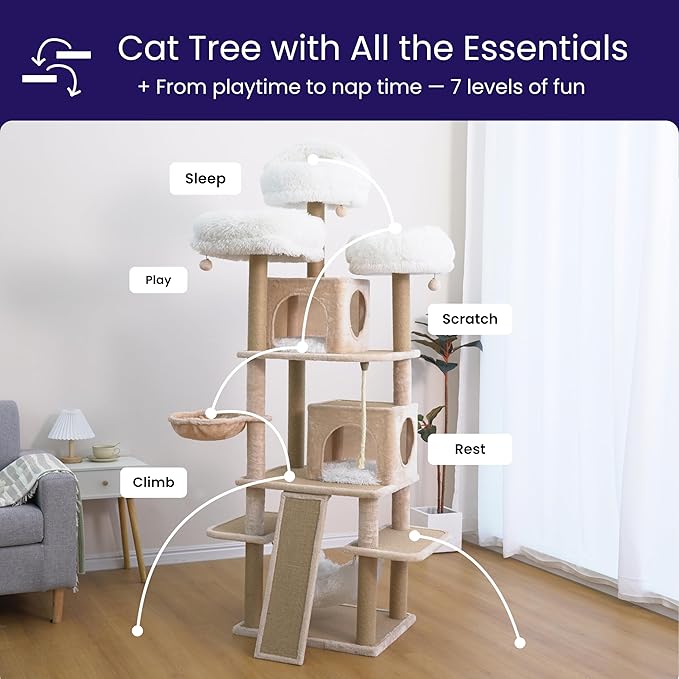 Catry 74.5" High 7-Level Extra Large Cat Tree with 2 Condos,2 Hammock,3 Washable Top Beds, Scratching Ramp Pad, Replaceable Scratching Posts, for Multi-Cat Homes (Light Brown &White)