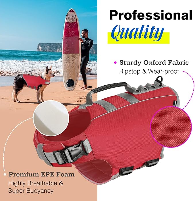 Pawaboo Dog Life Jacket, Reflective Dog Safety Vest Adjustable Pet Life Preserver with Strong Buoyancy & Sturdy Rescue Handle, Ripstop Dog Lifesaver Vests for Swimming, Boating, L, Red