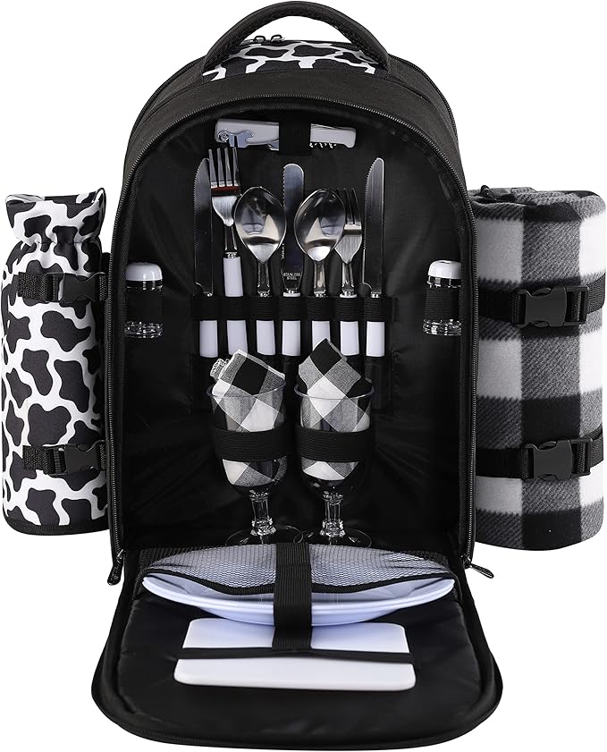 apollo walker Picnic Backpack Bag for 2 Person with Cooler Compartment, Detachable Bottle/Wine Holder, Fleece Blanket, Plates and Cutlery Set (2 Person, Black)