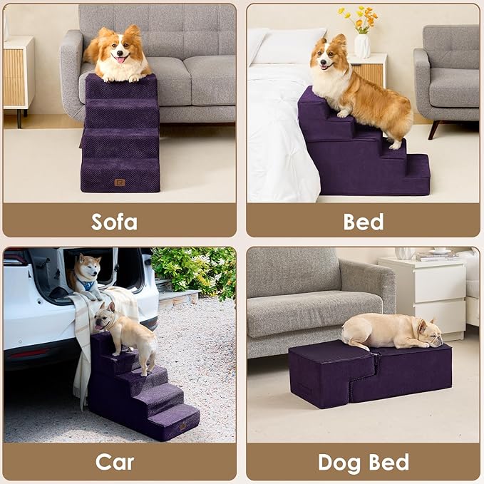 EHEYCIGA Dog Stairs for Bed 18" H, 4-Step Dog Steps for High Bed, Pet Steps for Small Dogs and Cats, Non-Slip Balanced Pet Ramp Indoor, Purple