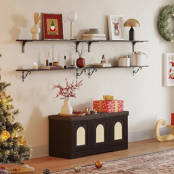 DINZI LVJ Shoe Bench, Entryway Storage Bench with Doors, Cushion, 2-Tier Shoe Rack with 6-Cubby, 39.4”L x 13.8”W Shoe Organizer Cabinet, Adjustable Shelf, Living Room, Bedroom, Espresso with Rattan