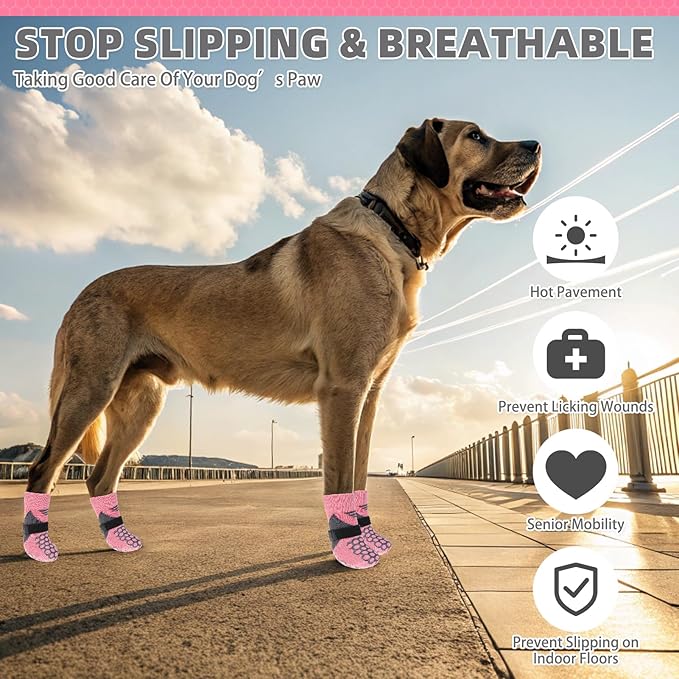 KOOLTAIL Dog Socks for Hot Pavement, Summer Breathable Dog Socks to Prevent Licking Paws, Non Slip Pet Boots & Paw Protectors for Hardwood Floor,Grippy Shoes for Small Medium Large Senior Dogs,Pink L