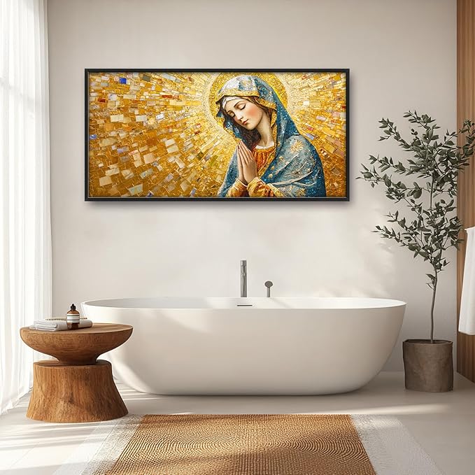 Extra Large Virgin Mary Framed Wall Art for Living Room,Oversized Golden Christian Religious Pictures Wall Decor,Canvas Print Painting Modern Artwork Bedroom Office Bathroom 60L" x 30W"