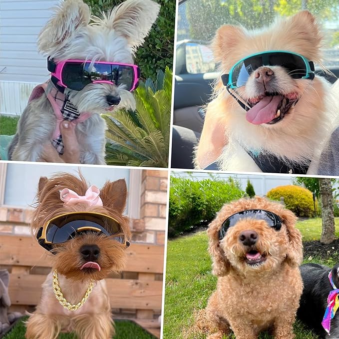Lesypet Dog Sunglasses Small Breed, Dog Goggles for Small Dogs Windproof Anti-UV Glasses for Dogs Outdoor Eye Protection, Gold