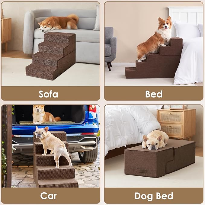 EHEYCIGA Dog Stairs for High Bed 25" H, 5-Step Extra Wide Dog Steps for Bed, Pet Steps for Small Dogs and Cats, Non-Slip Balanced Pet Ramp Indoor, Brown
