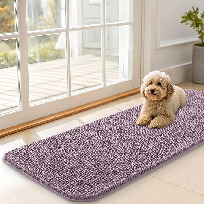 OLANLY Dog Door Mat for Muddy Paws 47x17, Absorbs Moisture and Dirt, Absorbent Non-Slip Washable Doormat, Quick Dry Chenille Mud Mat for Dogs, Entry Indoor Entryway Carpet for Inside Floor, Deep Plum
