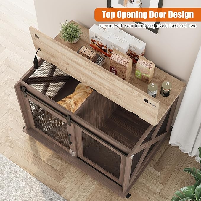 Dog Crate Furniture,37 Inch Indoor Dog Cage with Sliding Barn Door, Flip Top Dog Kennel End Table with Removable Divider, Farmhouse Wooden Pet House for Small to Middle Size Dogs