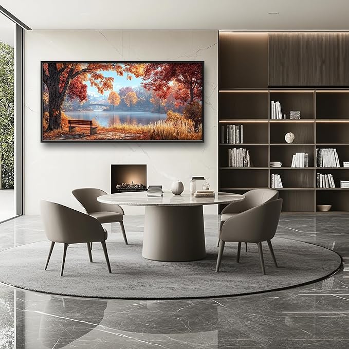 Large Autumn Tree Wall Art for Living Room, Framed Oversized Lake Landscape Wall Decor Nature Canvas Painting Modern Artwork for Living Room Bathroom Bedroom Office Dining Room 60"x30"