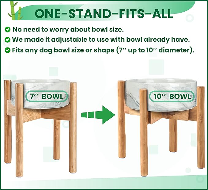 Dog Bowl Stand for Large Dogs - Raises Feeders and Bowls to 12-inch High, Expandable Sideways, Compatible to Various Sizes of Slow Feeders, Water Dishes and Fountains - Bamboo