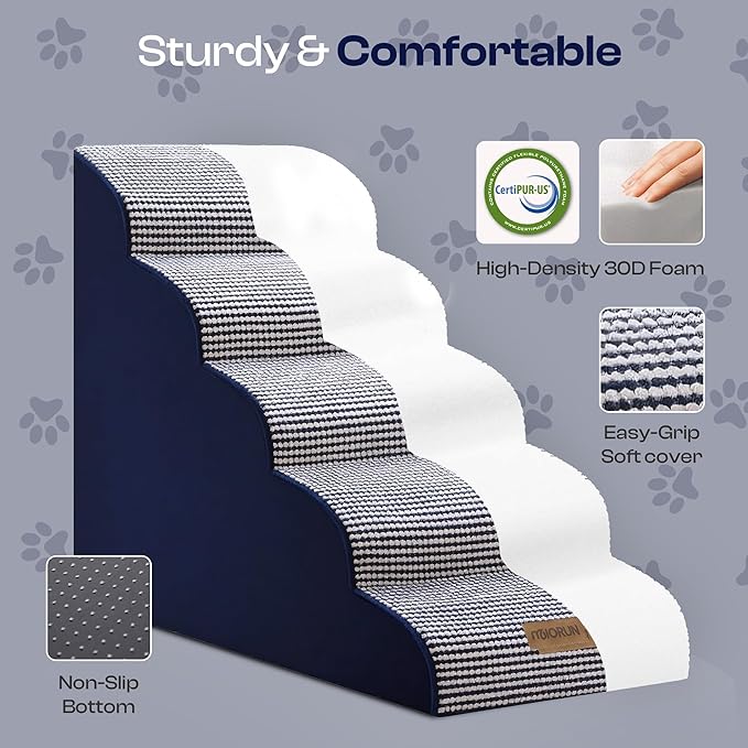 Curved Dog Stairs for High Bed Up to 26", 5-Step Dog Ramp for Small Dogs with Washable Cover, Non-Slip Steps for Cats to Get on Couch and Sofa, Durable Foam Ladder for Medium Breeds, White Navy