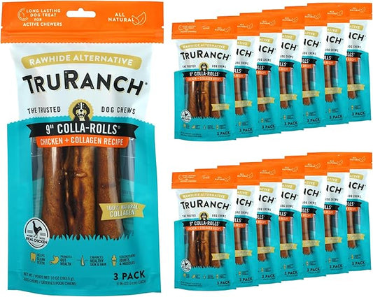 Collagen Rolls - 9" Collagen Rolls for Dogs - Long Lasting Healthy Joint Support - Rawhide Alternative - Skin & Coat Health - Made with Real Chicken, Value Pack, 15 Bags, 45 Count